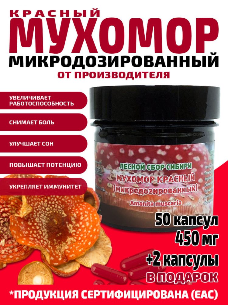 Мухомор красный сушёный микродозинг в капсулах / 50 капсул по 450 мг